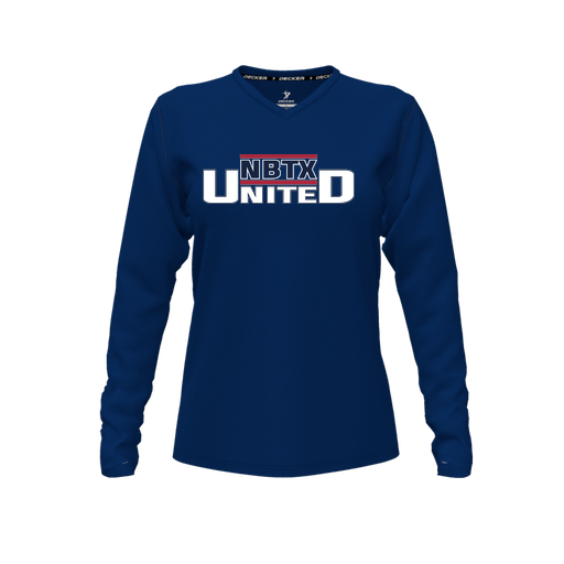[CUS-DFW-TEES-CMF-VNK-LSL-NVY-FYXS-LOGO1] Decker Comfort T-Shirt (Female Youth XS, Navy, V Neck, Logo 1, Long Sleeve)