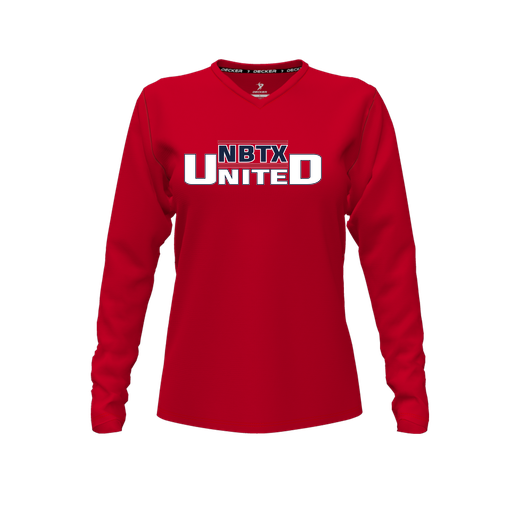 [CUS-DFW-TEES-CMF-VNK-LSL-RED-FYXS-LOGO1] Decker Comfort T-Shirt (Female Youth XS, Red, V Neck, Logo 1, Long Sleeve)