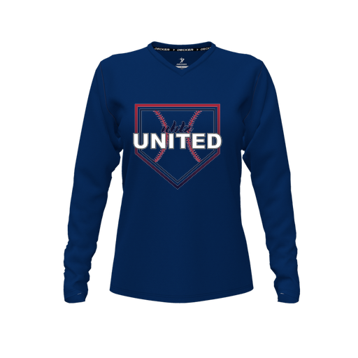 [CUS-DFW-TEES-PER-VNK-LSL-NVY-FYXS-LOGO3] Decker Performance T-Shirt (Female Youth XS, Navy, V Neck, Logo 3, Long Sleeve)