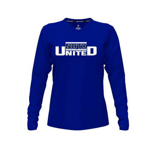 [CUS-DFW-TEES-PER-VNK-LSL-RYL-FYXS-LOGO2] Decker Performance T-Shirt (Female Youth XS, Royal, V Neck, Logo 2, Long Sleeve)