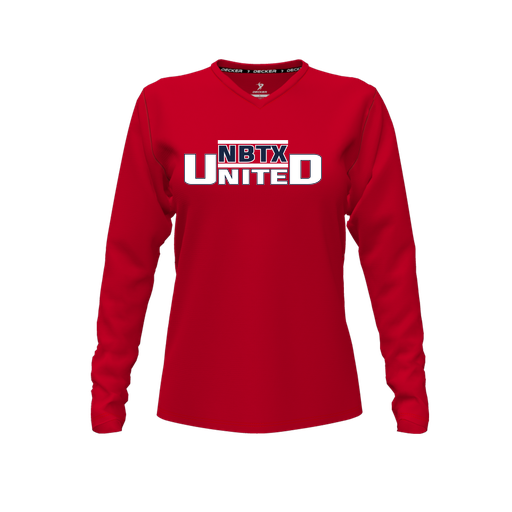 [CUS-DFW-TEES-PER-VNK-LSL-RED-FYXS-LOGO2] Decker Performance T-Shirt (Female Youth XS, Red, V Neck, Logo 2, Long Sleeve)